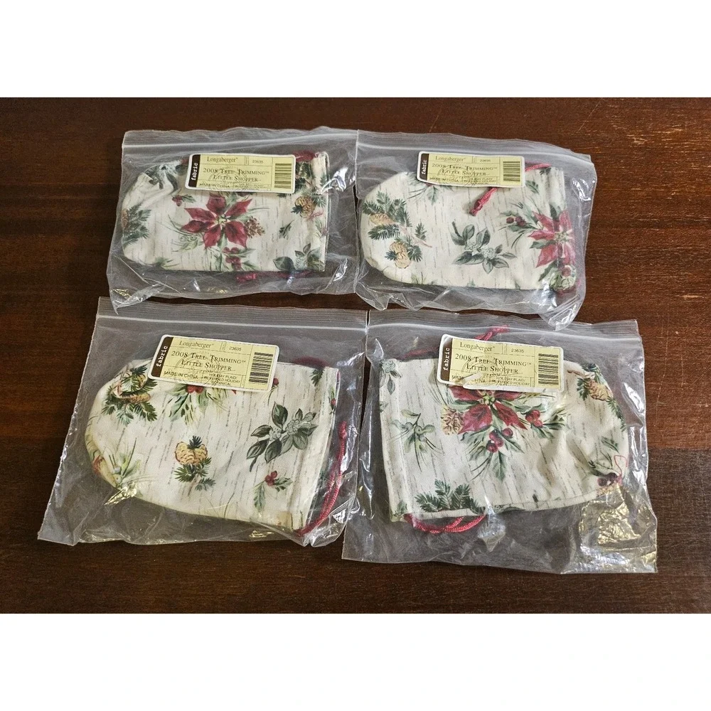 Longaberger Little Gift Fabric Bags Set of 4 Holiday Botanical Christmas Red